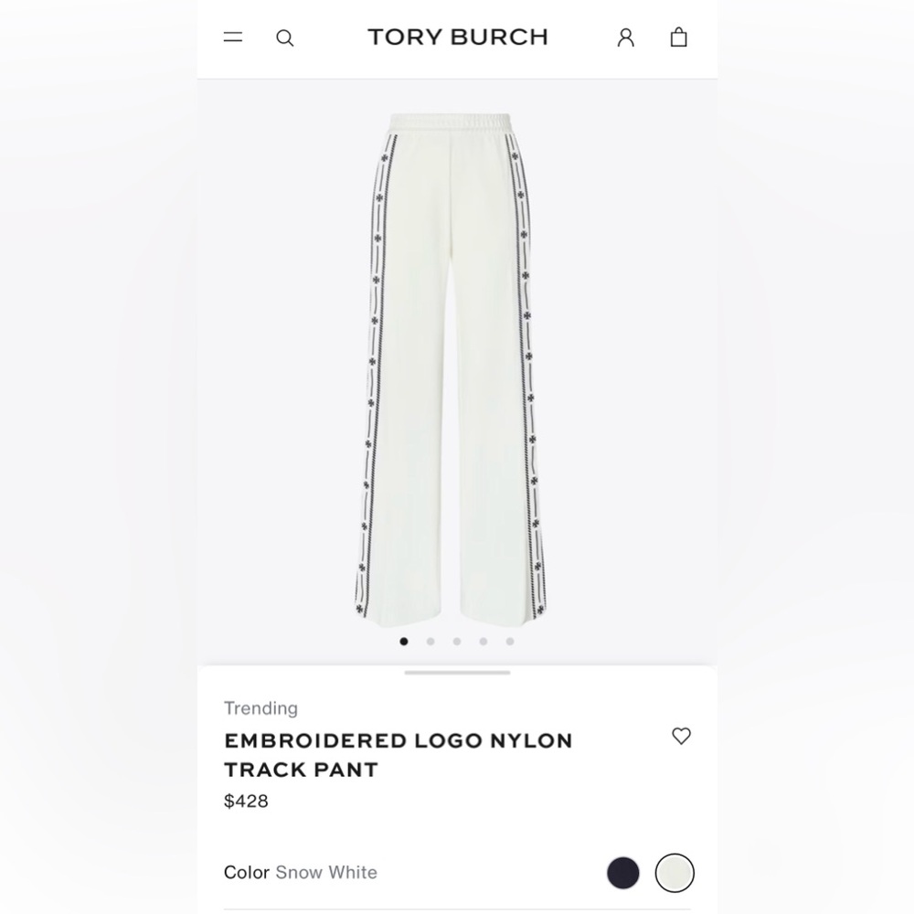 TORY BURCH- EMBROIDERED LOGO NYLON TRACK PANT-XS -Snow White